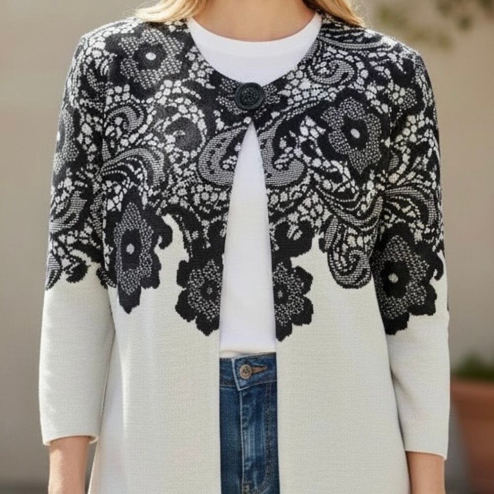 Misook Lace Print Single Button Knit Lady Jacket Cardigan Women's Small Petite